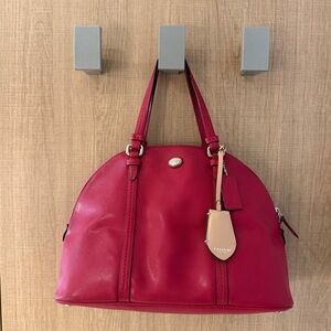 Coach Red Saffiano Dome Satchel Shoulder Bag Tan Hangtag